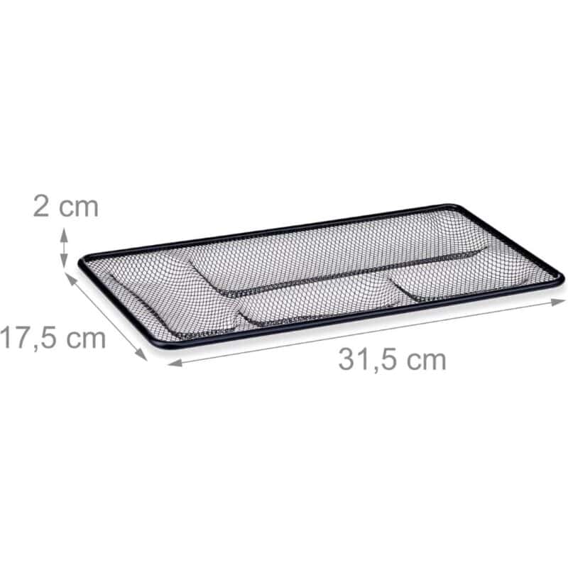 A black mesh tray with measurements