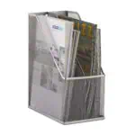 a metal holder with magazines and magazines