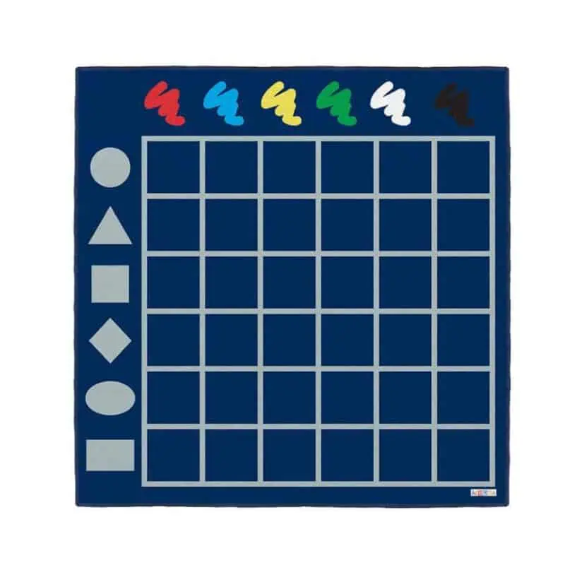 A blue board with many squares and different colored shapes