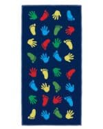 a blue towel with colorful footprints