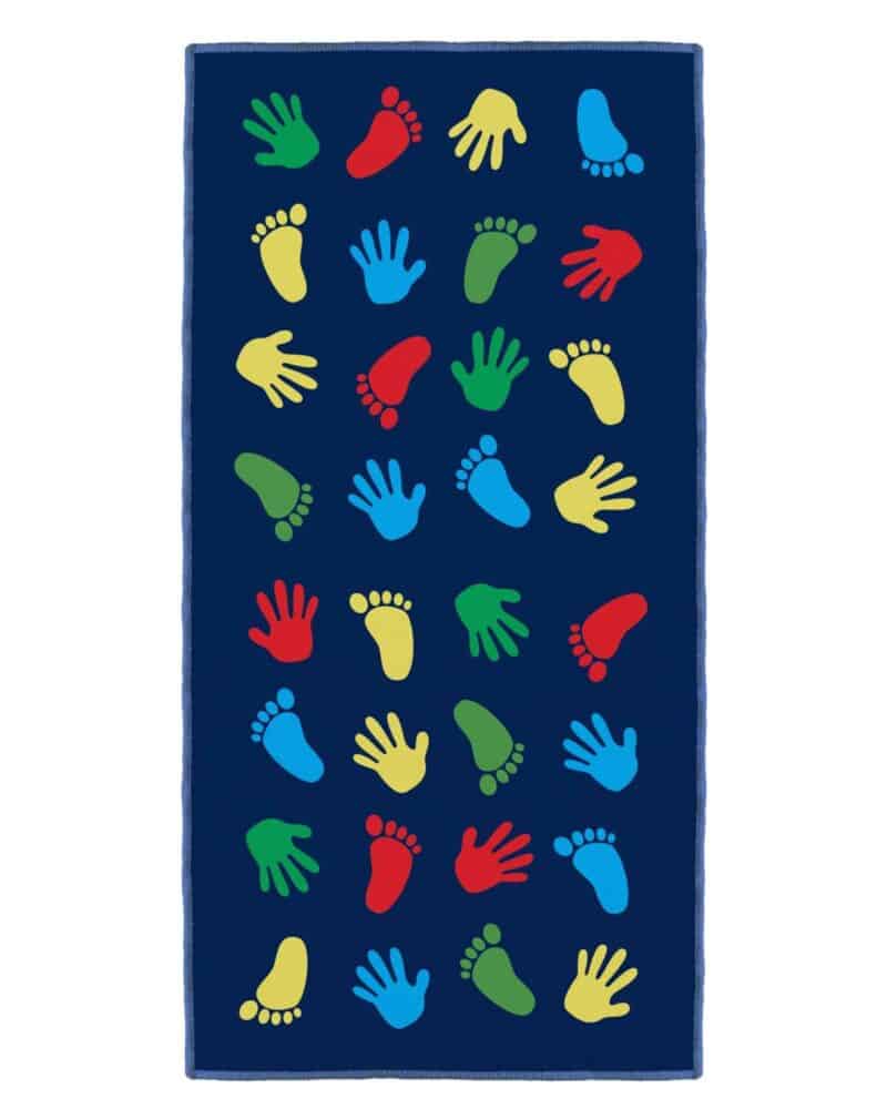 A blue towel with colorful footprints