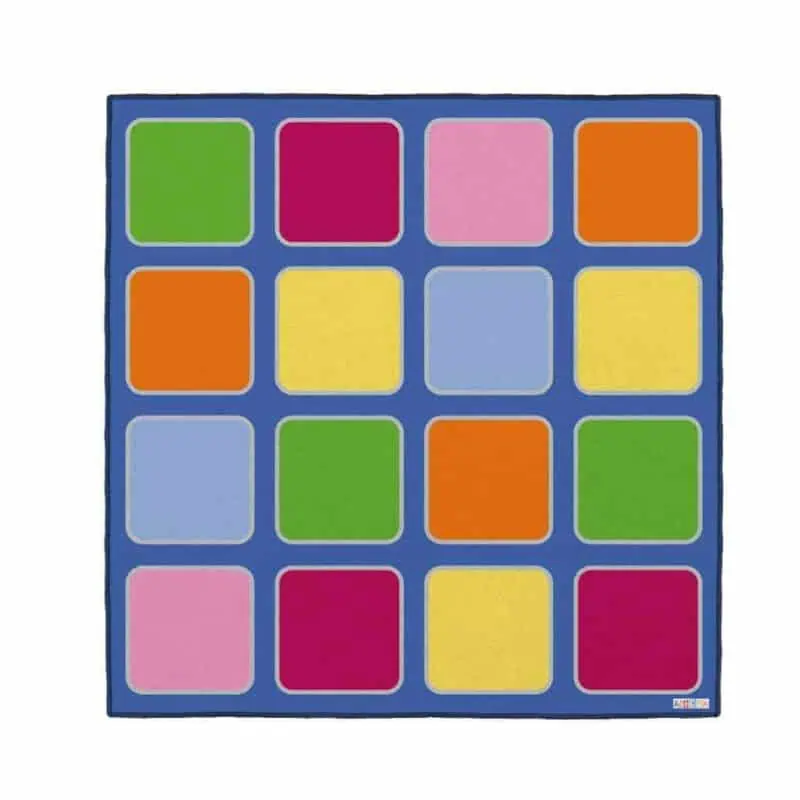 A colorful square rug with squares