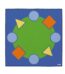 A blue rug with colorful circles and triangles