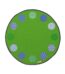 A green rug with blue and white circles