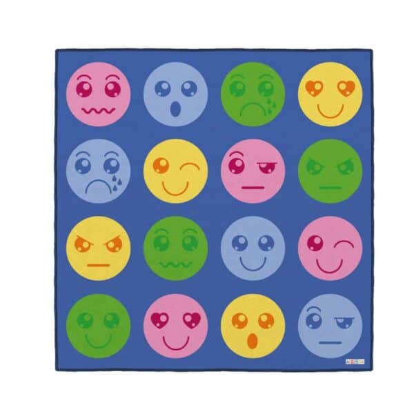 a blue rug with different colored circles