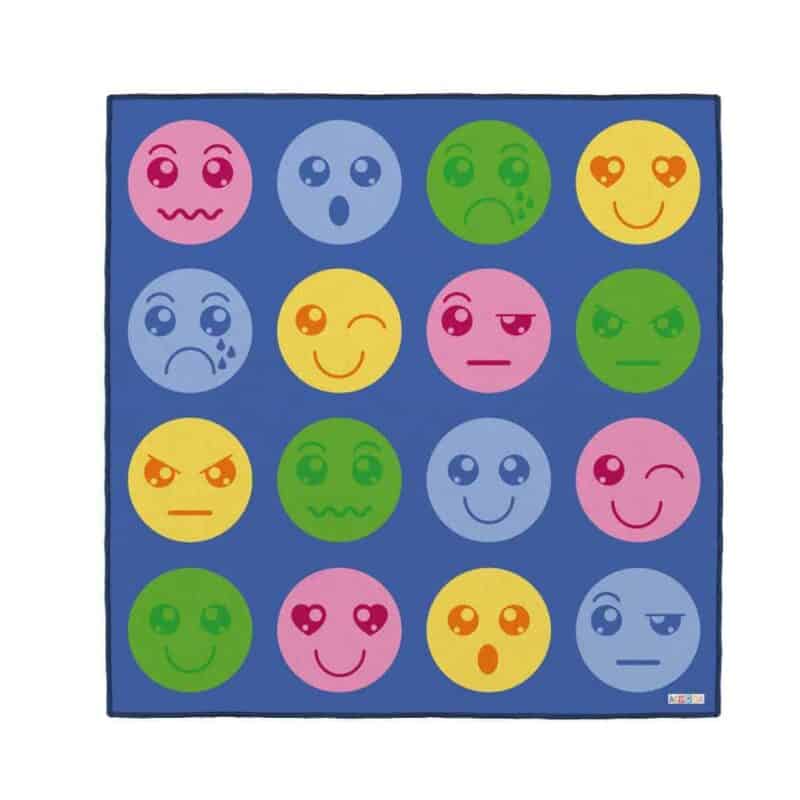 A blue rug with different colored circles
