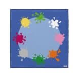 a blue rug with colorful splatters