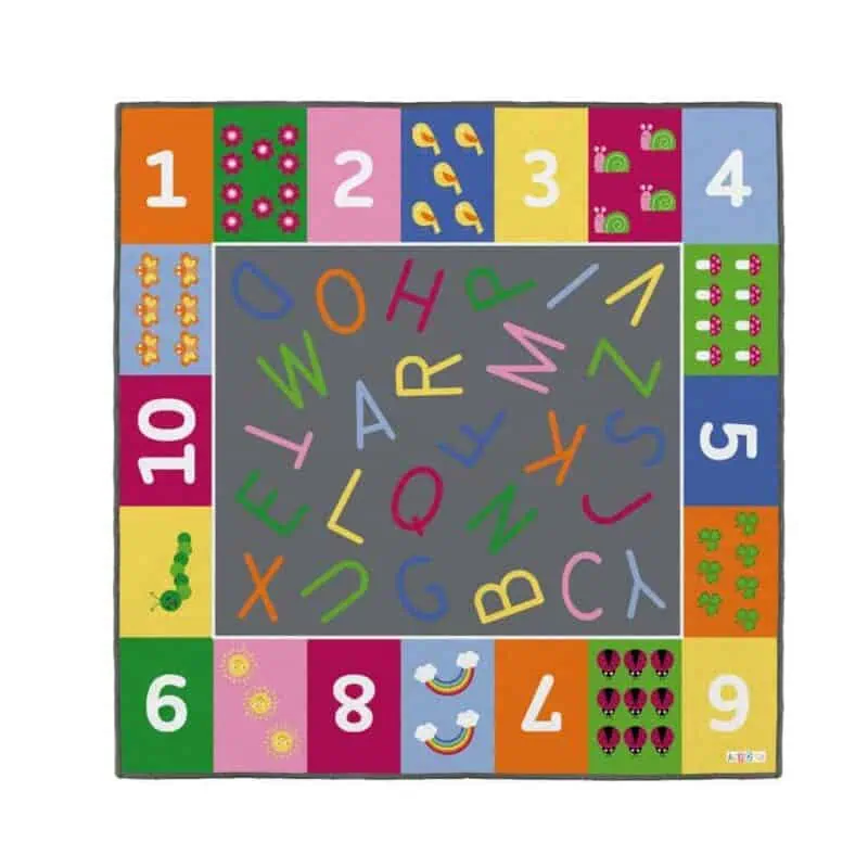 A colorful rug with letters and numbers
