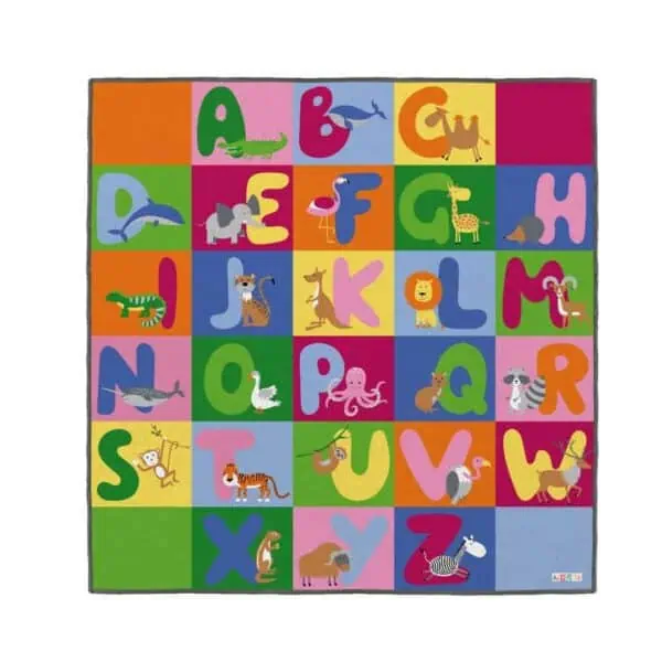 a colorful rug with letters and animals