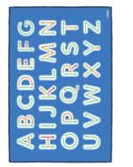 a blue rectangular sign with letters and arrows