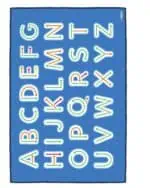 a blue rectangular sign with letters and arrows