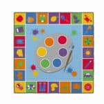 a colorful rug with a palette and paint