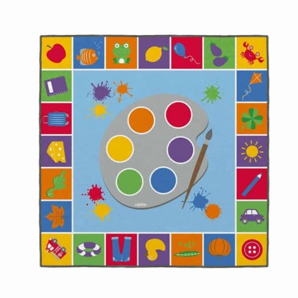 a colorful rug with a palette and paint