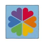 a colorful heart design on a blue square