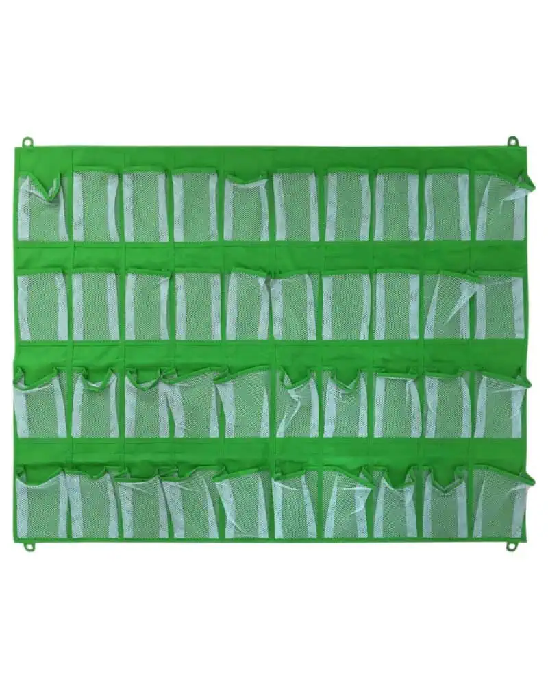 A green and white mesh bag