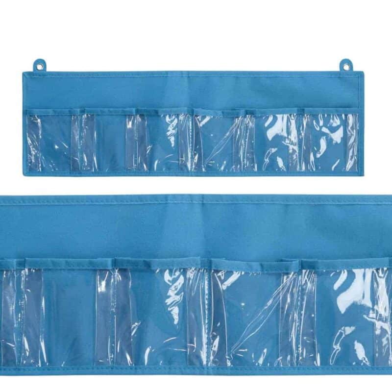 A blue pocket with plastic pockets