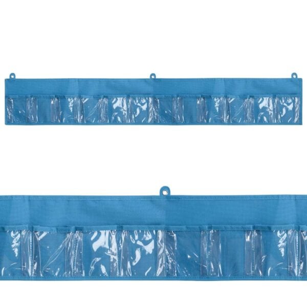a blue bag with plastic pockets