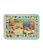 a rug with farm animals and a barn
